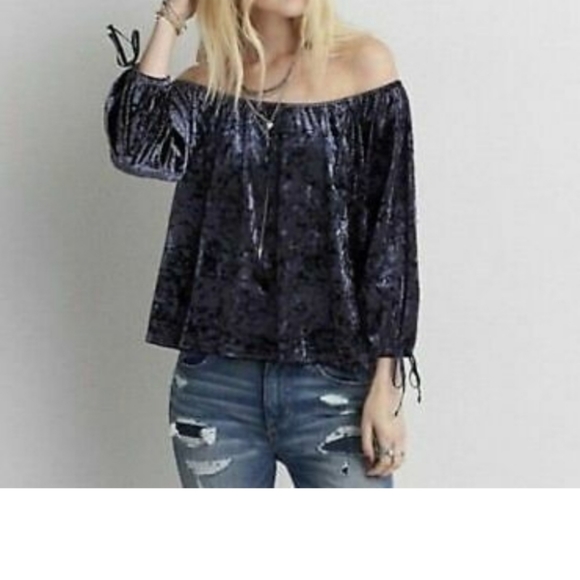 American Eagle Outfitters Tops - AEO Blue Crushed Velvet Off Shoulder Peasant Top